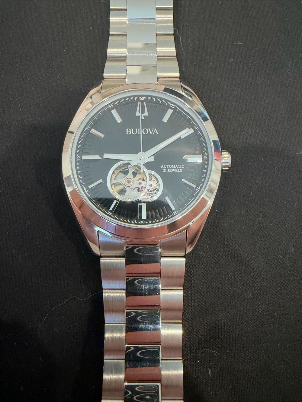 Bulova Black Dial Silver-Tone Automatic Open Heart Watch
